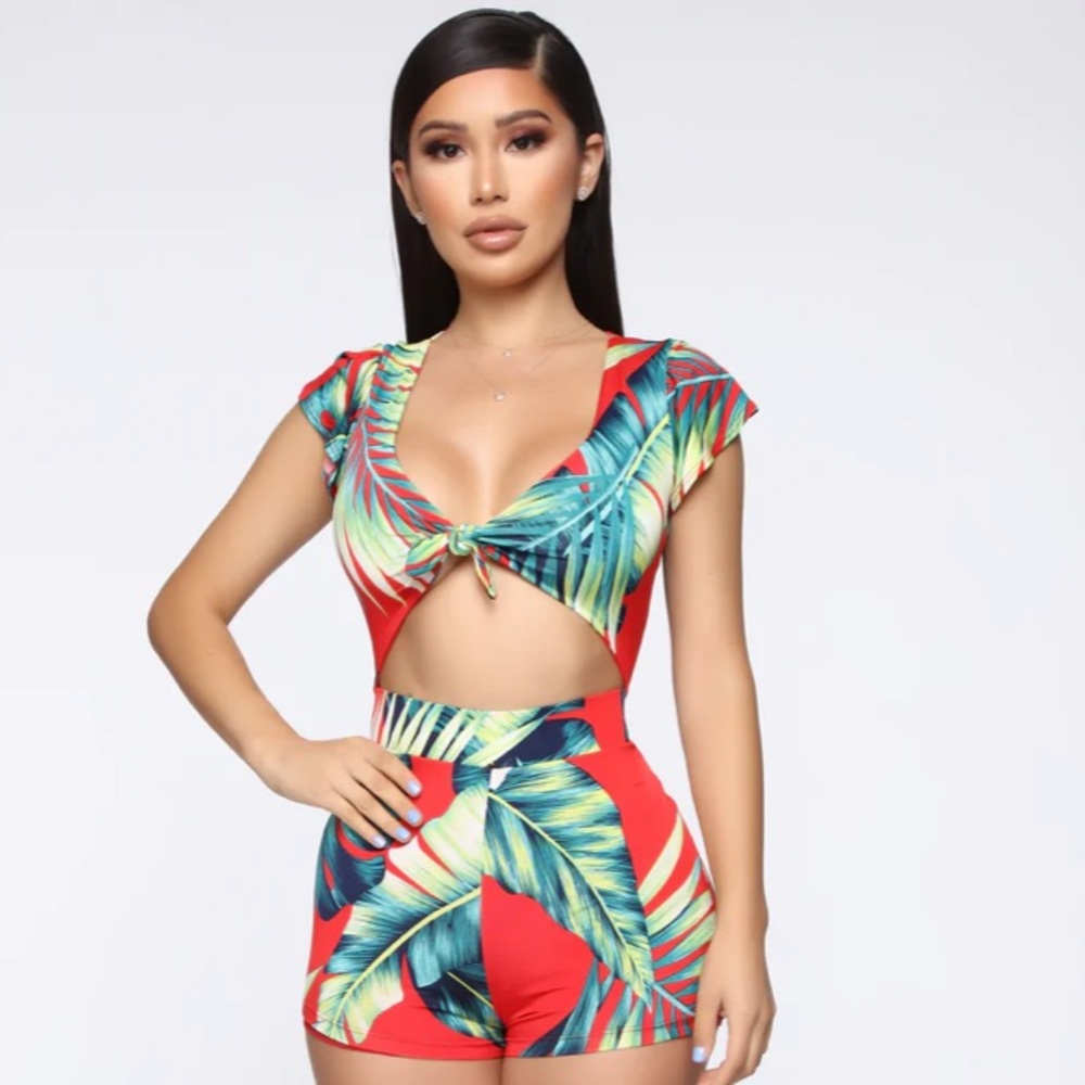 Waist No Time Tropical Romper - Red/combo